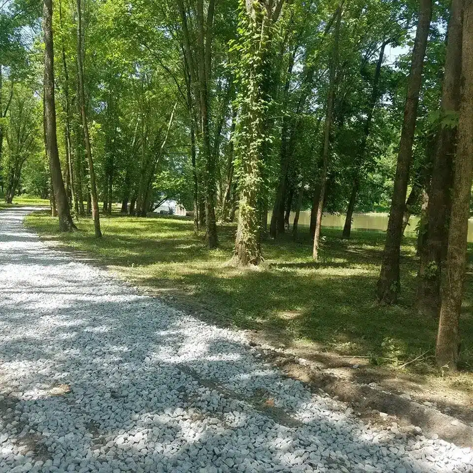 White gravel road curving through a shady wooded campground with grassy sites and a pond visible behind the trees.
